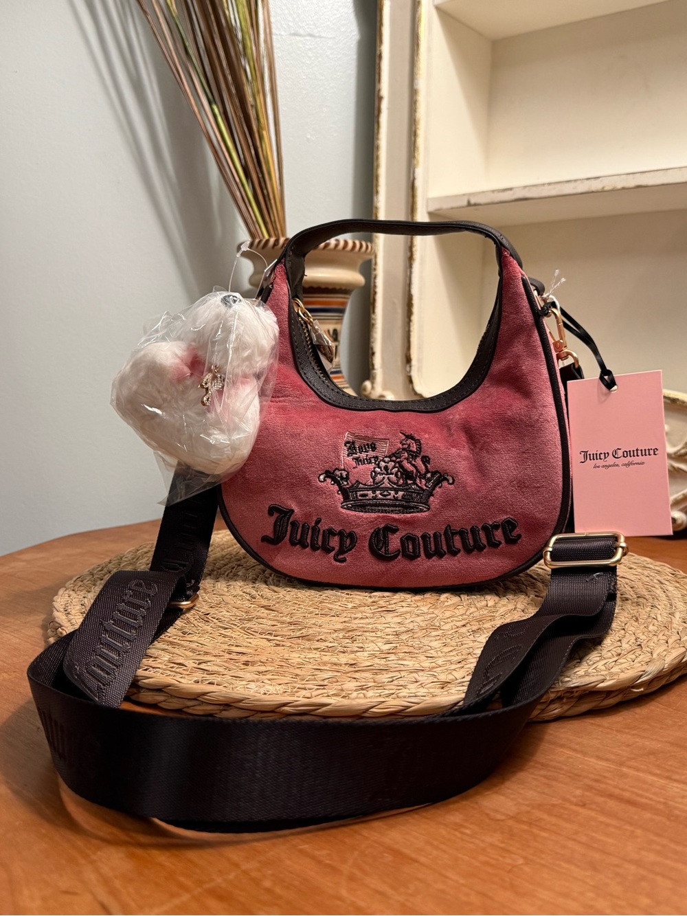Juicy Couture Crown Hobo Crossbody Pink Suede Bag with Scottie Dog Charm